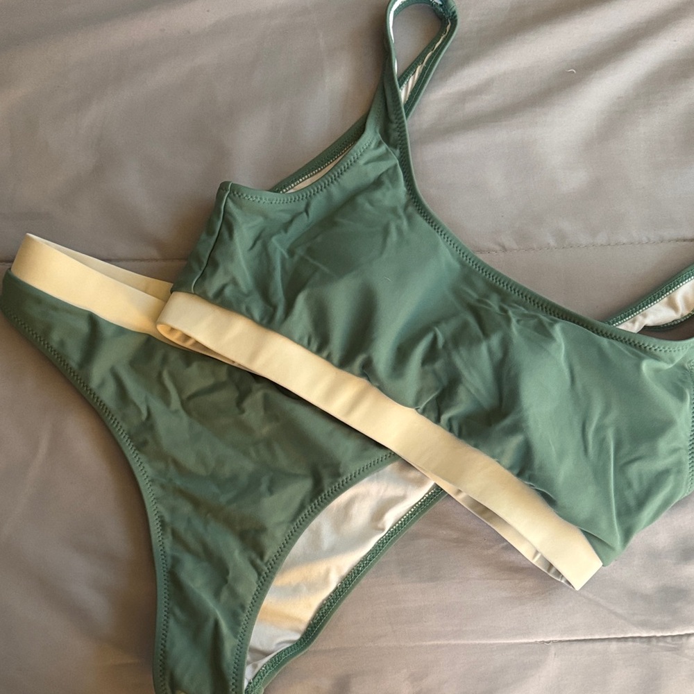 Green Two-Piece Women's Swim Set with Cream Trim